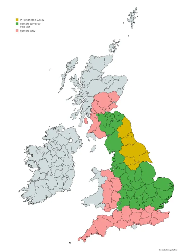 First Light Home Solutions UK coverage map: yellow areas offer a free in-person survey, green areas offer a remote survey or paid visit, and pink areas are remote-only.